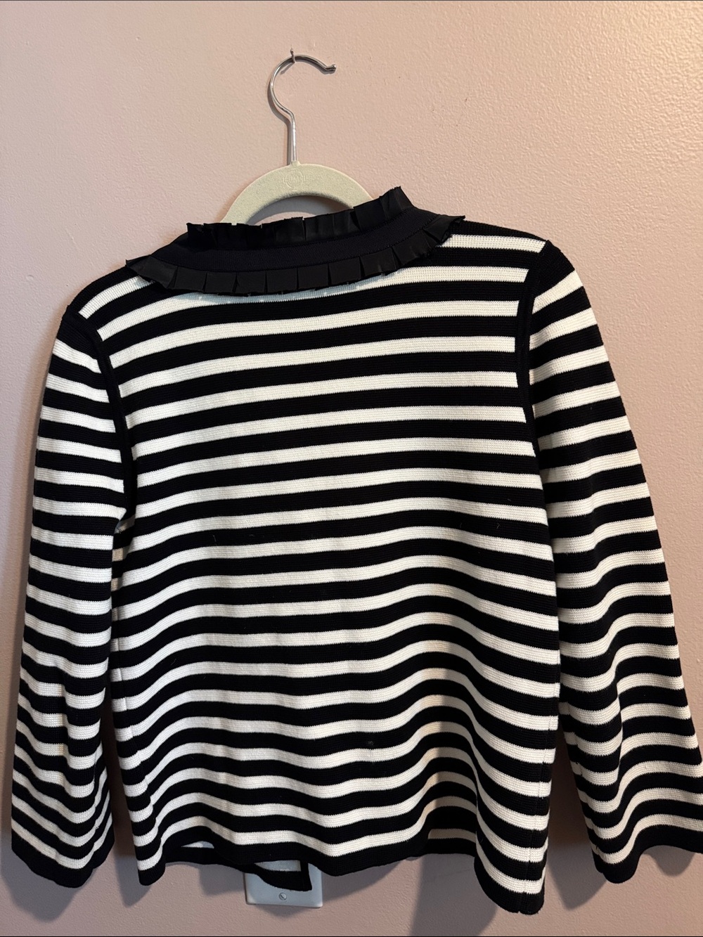 J. Crew Black and White Striped Ruffle Tie-Neck Cardigan - Picture 3 of 4